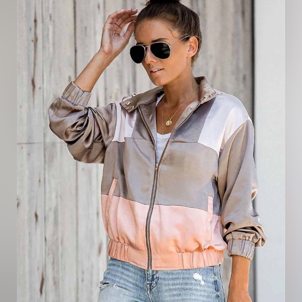 Colorblock Satin Zip-Up Jacket - Taupe & Blush
